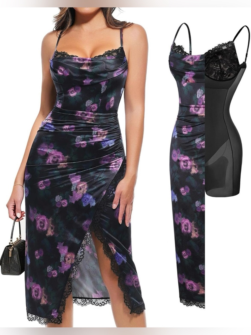 Popilush Shapewear Corset Dress Women's Satin Ruched Midi Dress